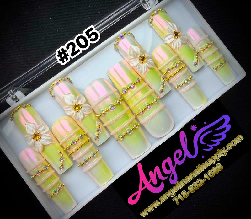 Angelina Handmade Custom Press-On | Long Nail Design #205 - Pistachio Blossom