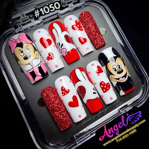 A set of 1050 themed press-on nails displayed in a clear plastic case. The nails feature Minnie and Mickey Mouse designs alongside white and red hearts, polka dots, and glittery red nails.