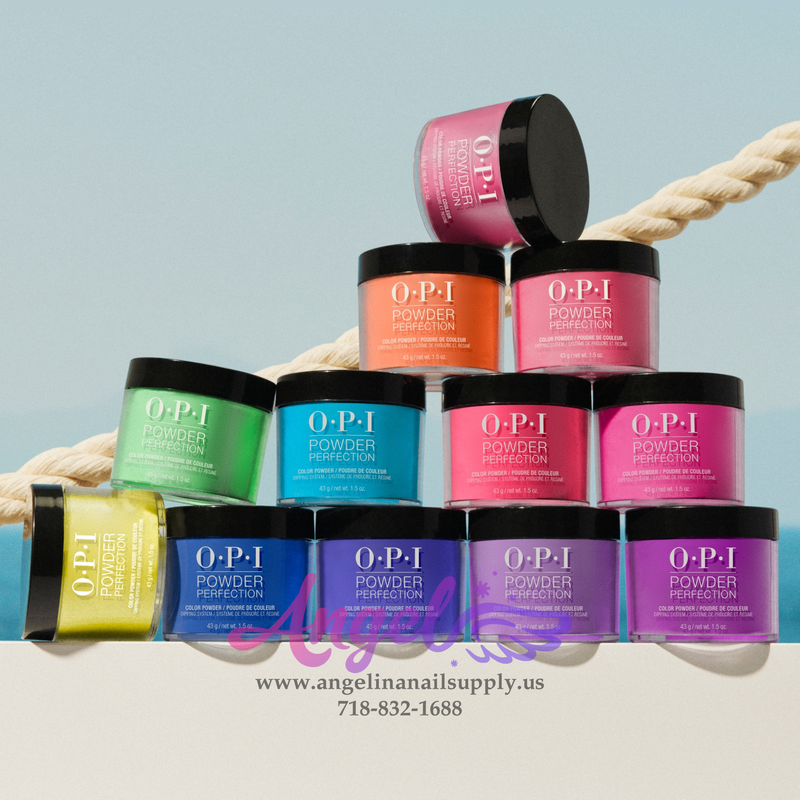Colorful OPI powder containers stacked on a light blue background