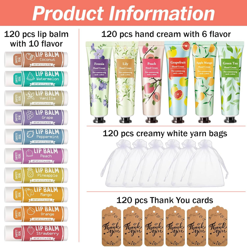 Customer Appreciation Gift Set (4 Items/120sets) – Lip Balm, Hand Cream, Organza Bag & Thank-You Card | Holiday Client Gifts Sets