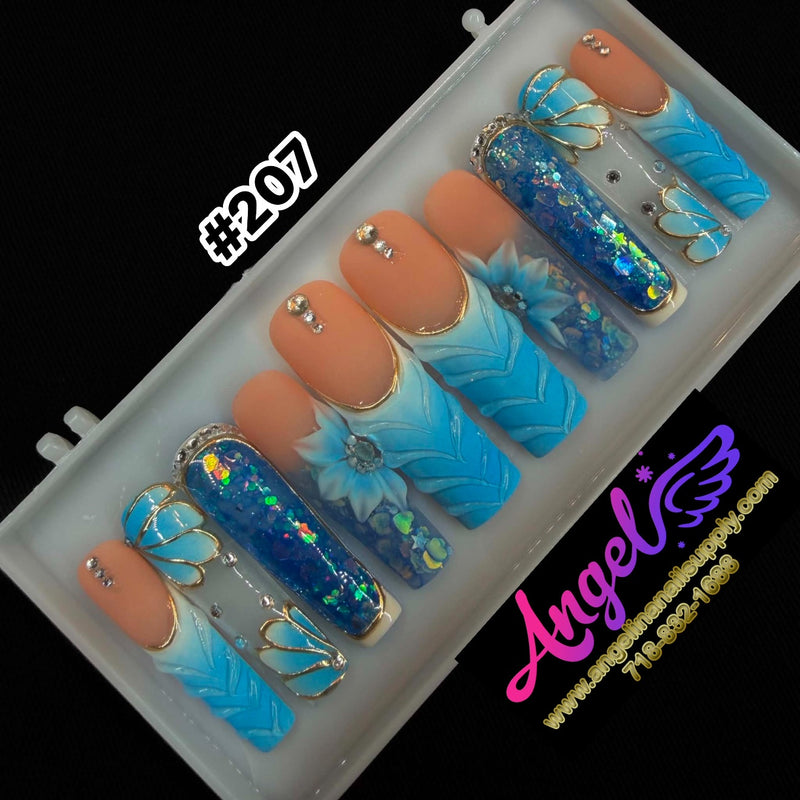 Angelina Handmade Custom Press-On | Long Nail Design #207 - Ocean Petals