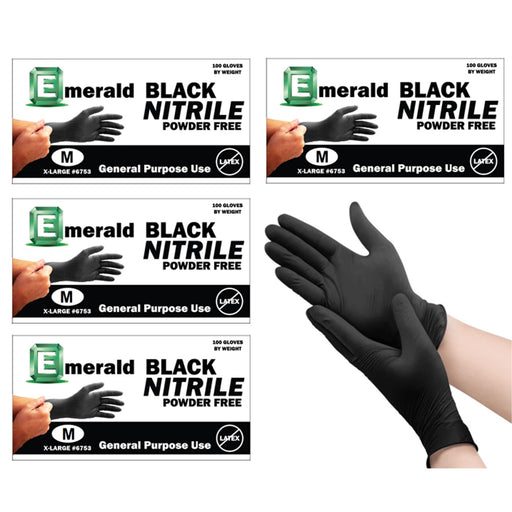 Black nitrile gloves with Emerald brand packaging on a white background
