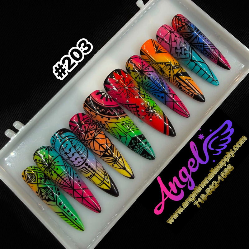 Angelina Handmade Custom Press-On | Long Nail Design #203 - Neon Tribal
