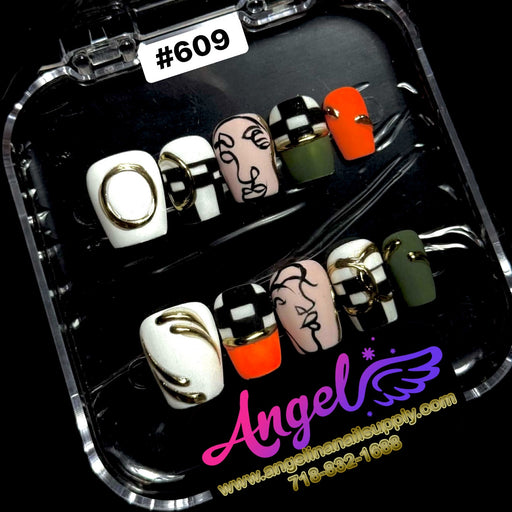 Set of nail art designs in a clear case with 'Angel' branding.