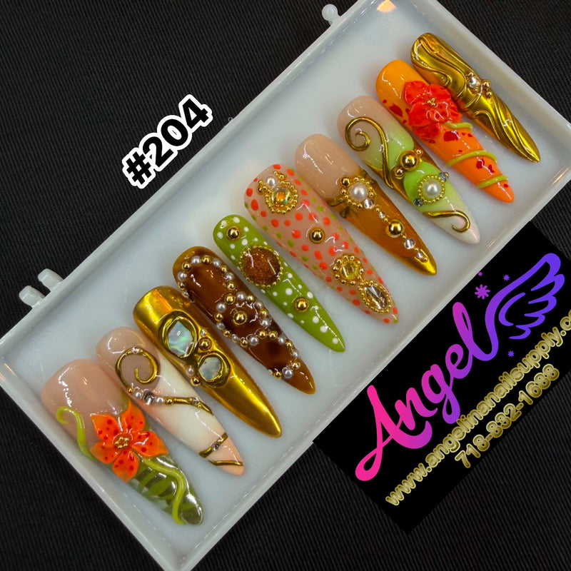 Angelina Handmade Custom Press-On | Long Nail Design #204 - Golden Orange Garden