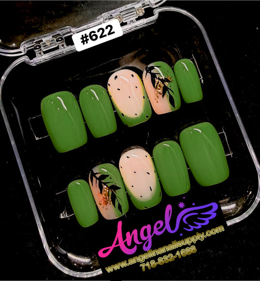 Set of green and pink nail art designs in a clear case with 'Angel' branding.