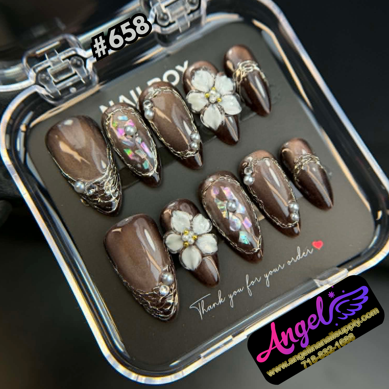Angelina Handmade Custom Press-On #0658 - Espresso Blossom