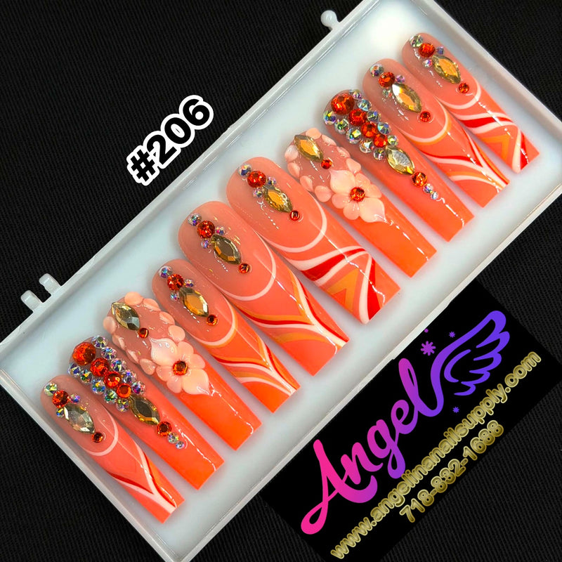 Angelina Handmade Custom Press-On | Long Nail Design #206 - Coral Swirl