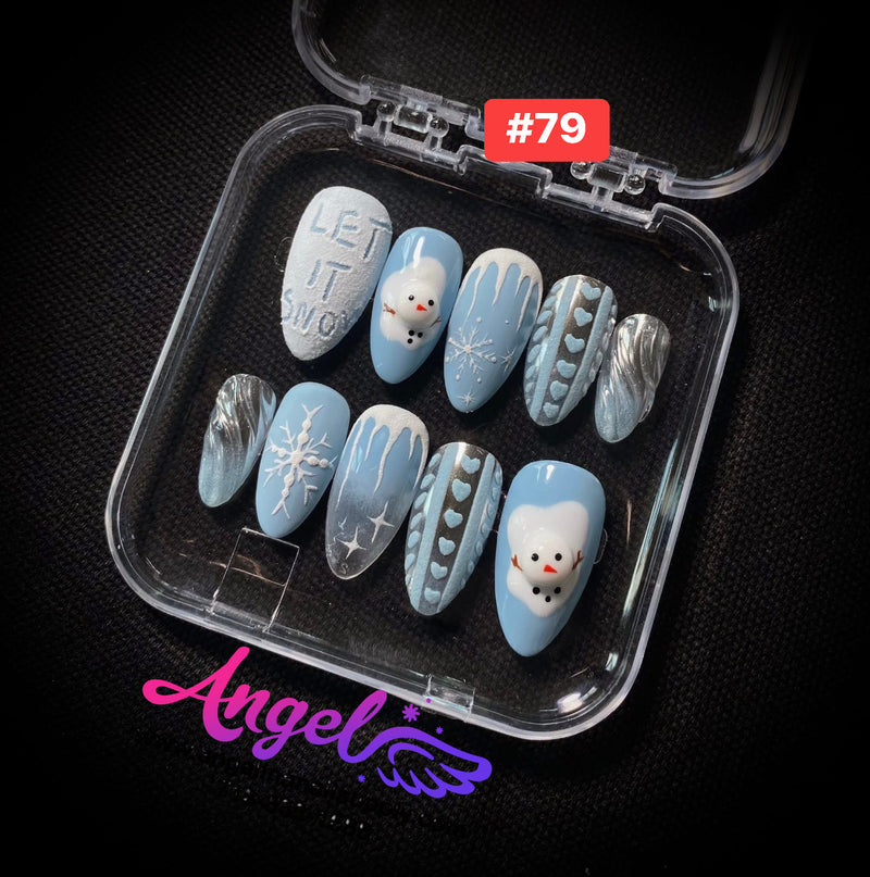 Angelina Handmade Custom Press-On Nails #060-#089 Christmas Red Glitter, Snowflake Holiday Design, Winter Press-On Nail Set