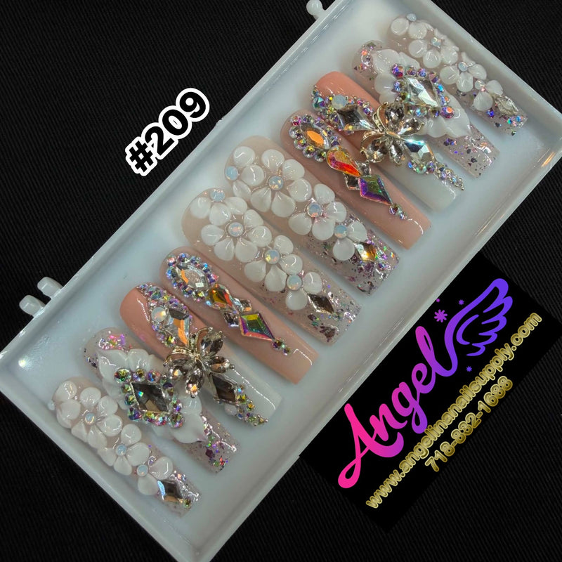 Angelina Handmade Custom Press-On | Long Nail Design #209 - Crystal Petals