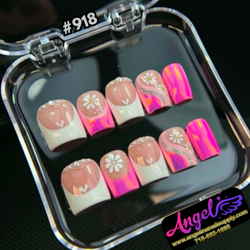 Angelina Handmade Custom Press-On #0918 - Pink Daisy Pop