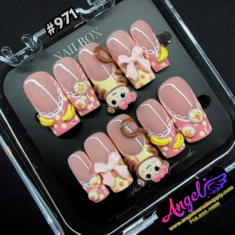 Angelina Handmade Custom Press-On #0971 - Pink Banana Party
