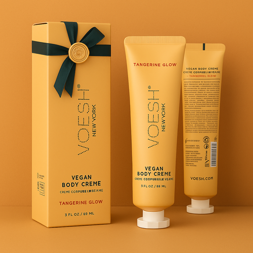 VOESH Vegan Body Creme with packaging on an orange background
