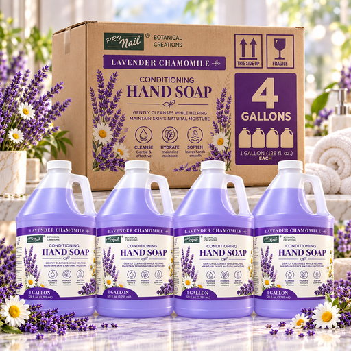 Four large gallon jugs of ProMail Botanical Creations Lavender Chamomile Conditioning Hand Soap arranged in front of a large cardboard shipping box, styled with lavender flowers and a white towel.