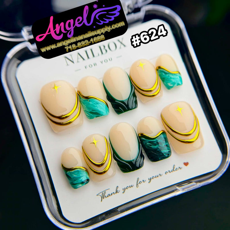 Angelina Handmade Custom Press-On Nails #624 - Emerald Wave