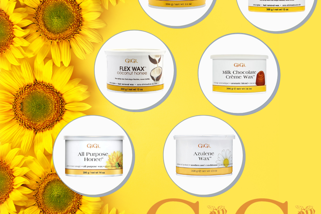 GiGi wax products with sunflowers on a yellow background