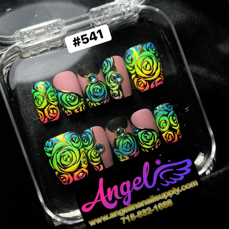 Angelina Handmade Custom Press-On 541 Neon Rose Garden - Angelina Nail Supply NYC