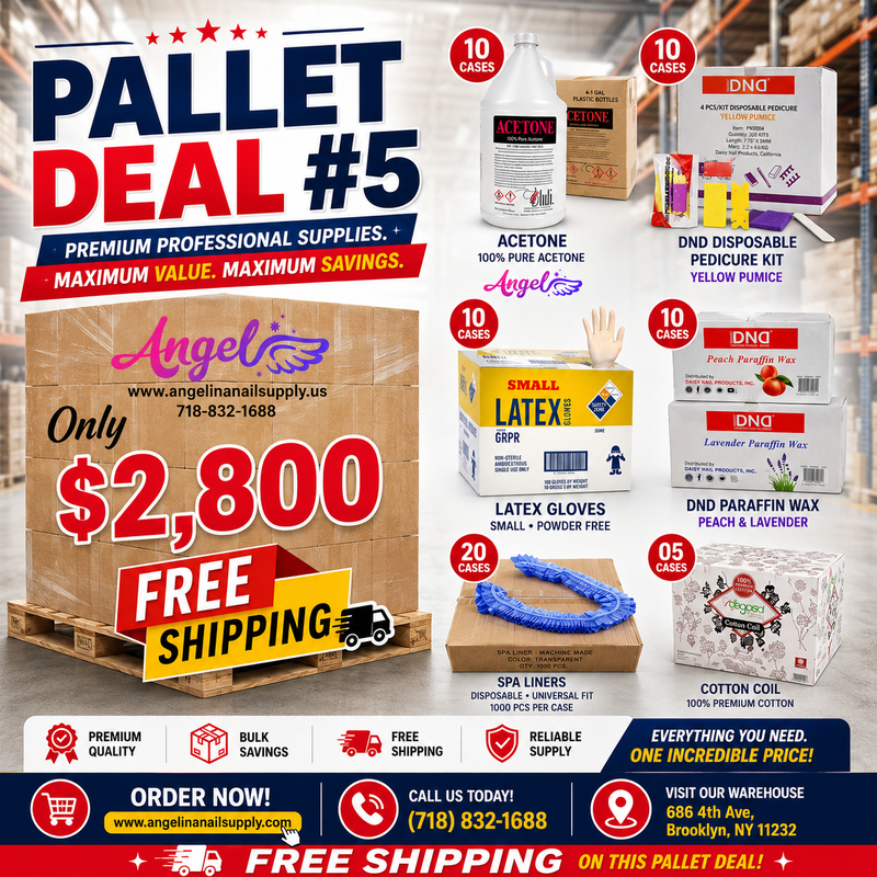 Pallet Deal #5 Angel Mix Products:  Gloves, Acetone, Cotton, Blue Liner, Paraffin, Pedicure Kit
