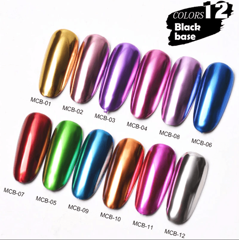 Chrome Mirror Powder Pigment MCB 12 Colors Pack - Angelina Nail Supply NYC