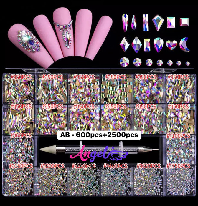 Diamond - Rhinestone Box set 600pcs + 2500pcs - Angelina Nail Supply NYC