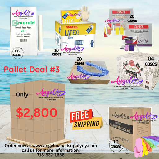 Pallet Deal #3 Angel Mix Products:  Foam Slipper, Pedicure Kit, Cotton, Gloves, Liner Blue, Table Paper - Angelina Nail Supply NYC