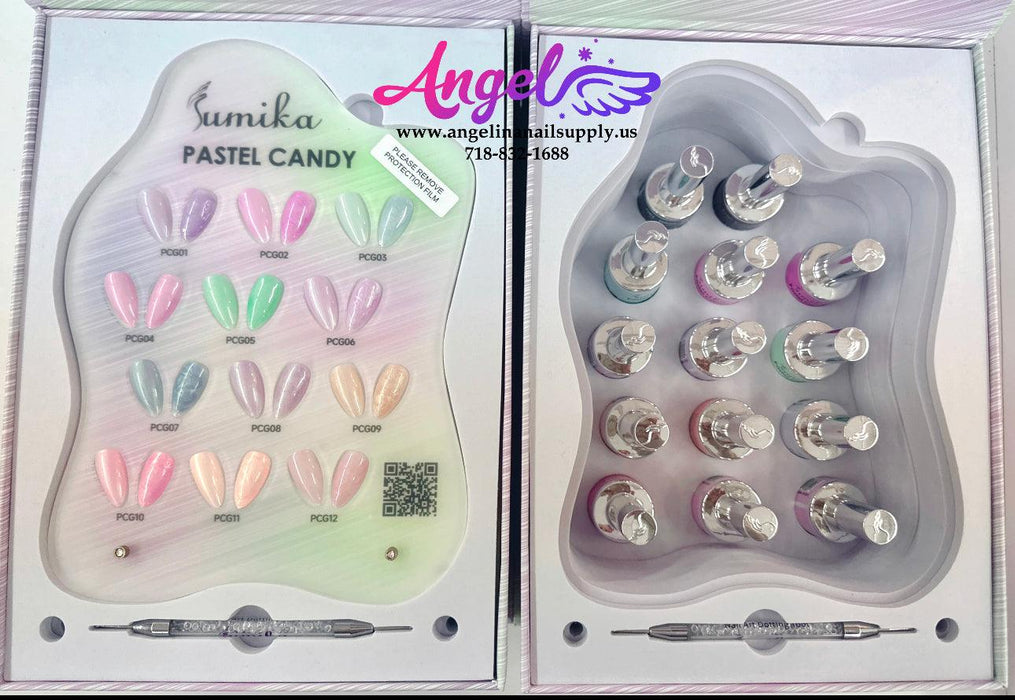 Sumika Pastel Candy Gel Set 12 Color 1 Base 1 Top 1 Dotting Tool - Angelina Nail Supply NYC